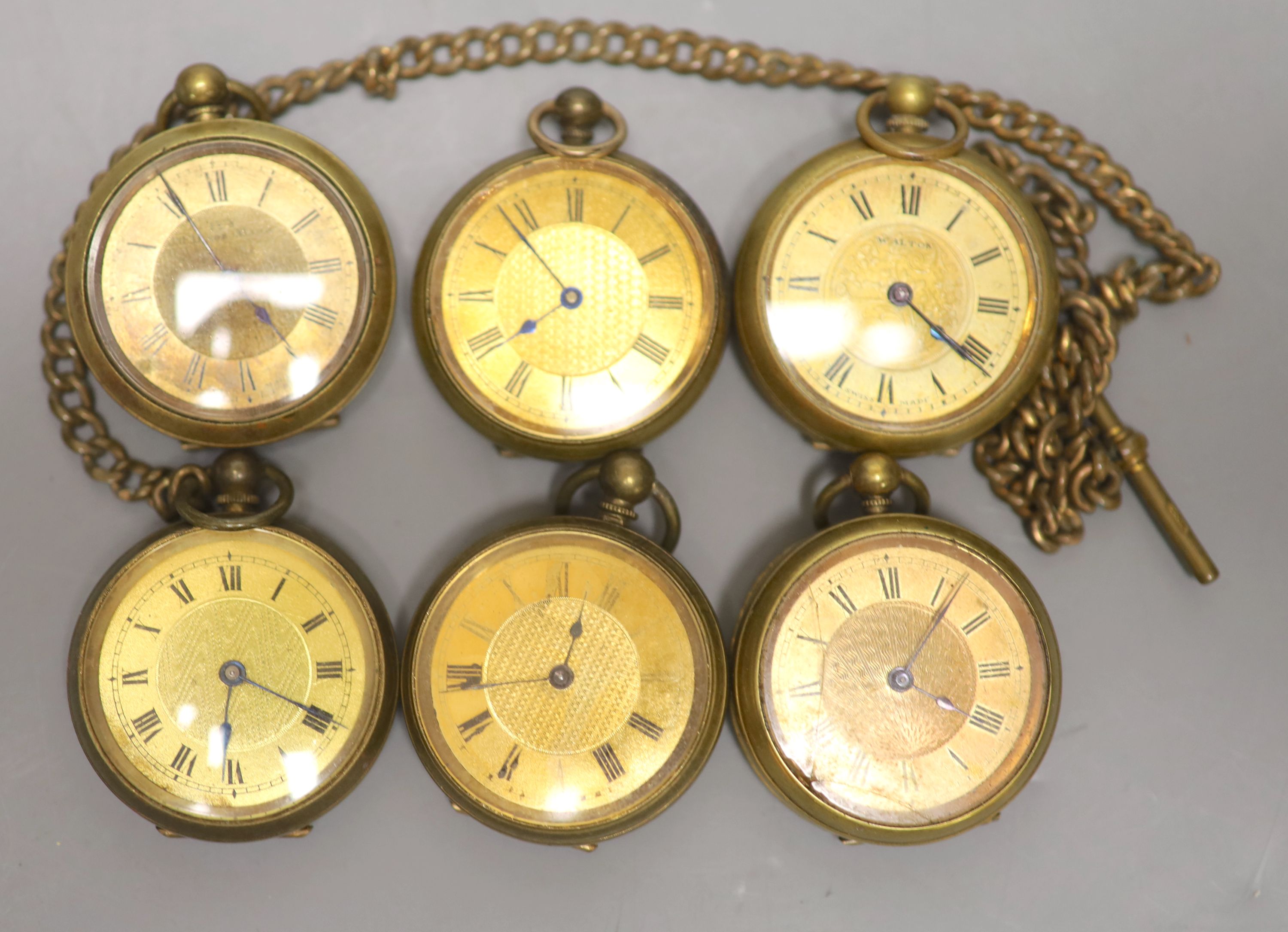 Six assorted gold plated fob watches.